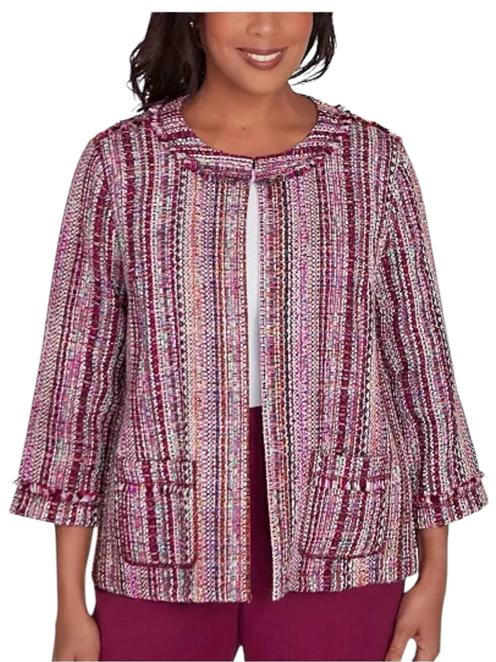 Alfred Dunner Wine Country Fringe Textured Jacket. Woven multicolored tweed-like